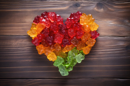 gummy bears arranged to form a heart shape on a wooden table, created with generative aiの素材