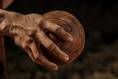 a close-up of a players hand gripping a handball, created with generative aiの素材