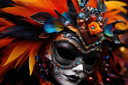 close-up shot of a bright, feathered masquerade mask with halloween decorations, created with generative aiの素材