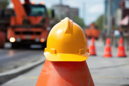 close-up of a yellow hardhat on a bright orange traffic cone, created with generative aiの素材
