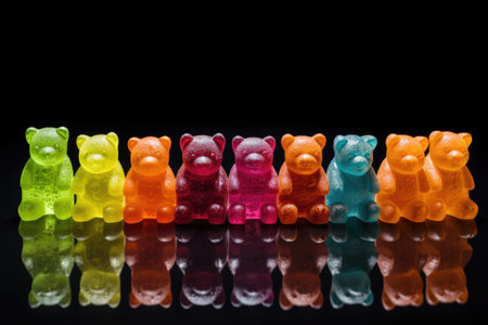 gummy bears arranged to form a rainbow on a black background, created with generative aiの素材