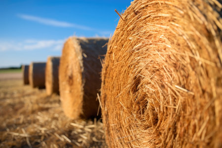 close-up of hay bales with visible texture and detail, created with generative aiの素材