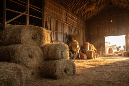 a stack of hay bales in a barn, with farm tools in the background, created with generative aiの素材