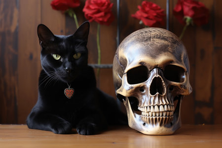 a black cat sitting beside a skull halloween mask on a wooden table, created with generative aiの素材
