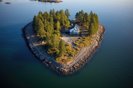 heart-shaped island with a small cabin and a dock, created with generative aiの素材