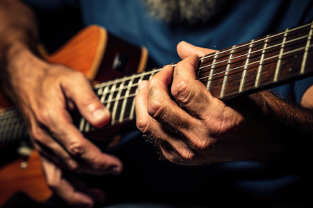 close-up of guitarists fingers on the fretboard, created with generative aiの素材