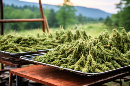 detailed image of freshly harvested cannabis buds on drying racks, created with generative aiの素材