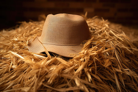 a close-up shot of a haystack with a farmers hat placed on top, created with generative aiの素材