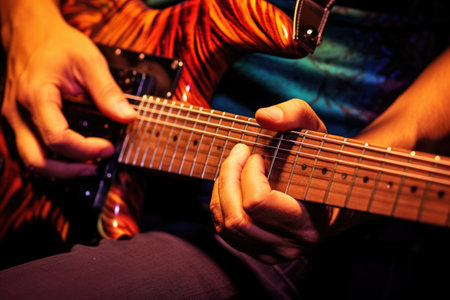 close-up of hands strumming an electric guitar with plectrum, created with generative aiの素材