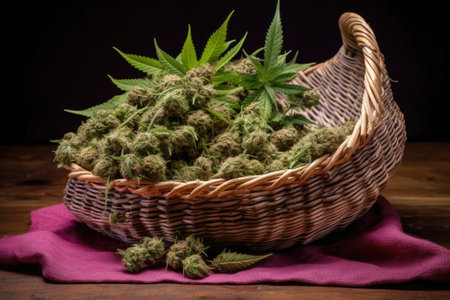 cannabis buds in a hand-woven basket on a hemp fabric, created with generative aiの素材