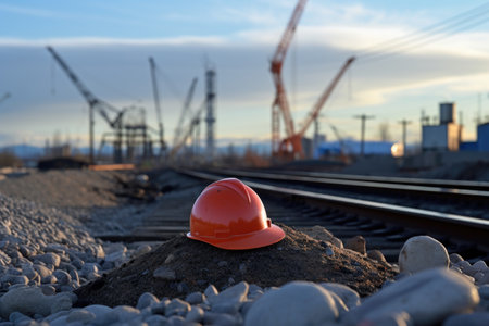 hardhat left on a pile of gravel with a construction crane in the distance, created with generative aiの素材