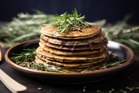 vegan hemp-based protein pancakes stacked on a ceramic plate, created with generative aiの素材