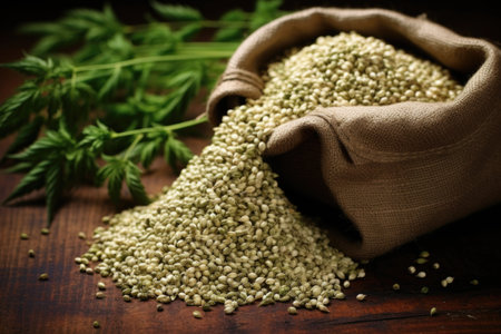 hemp seeds spilling from a burlap bag, created with generative aiの素材