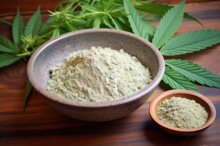a bowl of hemp protein powder with a hemp leaf next to it, created with generative aiの素材