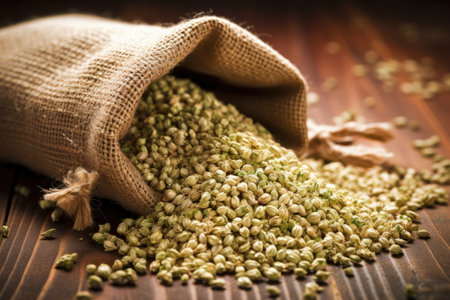 close-up of hemp seeds spilling out of a burlap bag on a wooden surface, created with generative aiの素材
