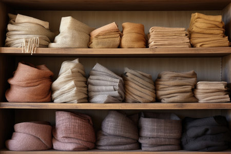 detailed shot of hemp fiber textiles folded neatly on a shelf, created with generative aiの素材