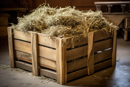 processed hemp fibers in a wooden crate, ready for shipping, created with generative aiの素材