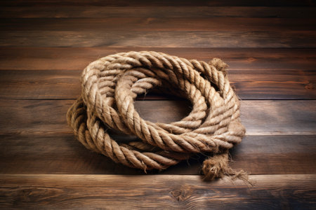 a rustic hemp rope coiled on an old wooden surface, created with generative aiの素材