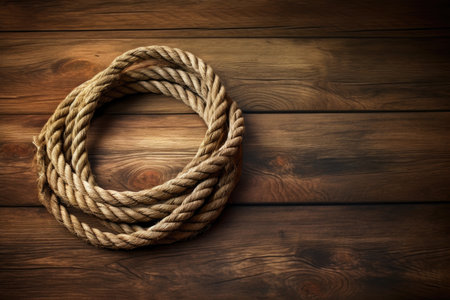 a rustic hemp rope coiled on an old wooden surface, created with generative aiの素材
