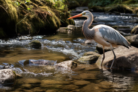 heron hunting for fish in a clear, fast-moving stream, created with generative aiの素材