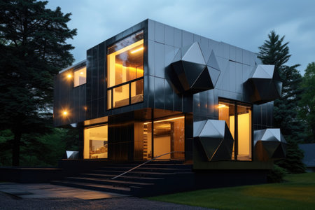 front view of a geometric, cube-style house with stainless steel accents, created with generative aiの素材