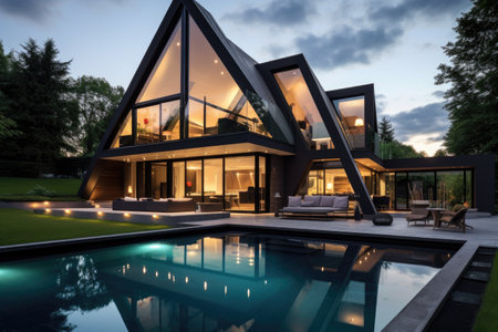 a sleek, modern house with a geometric design and glass walls, created with generative aiの素材