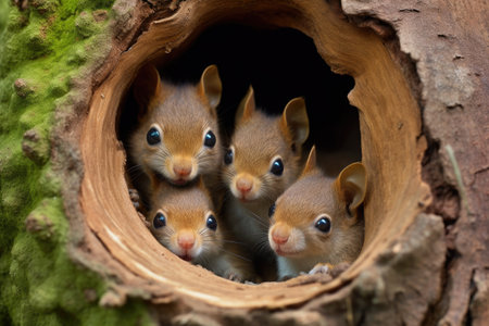 squirrels nestled together in a tree hole filled with acorns, created with generative aiの素材