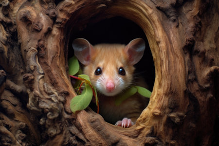 a dormouse nestled in a hollow tree trunk filled with leaves, created with generative aiの素材