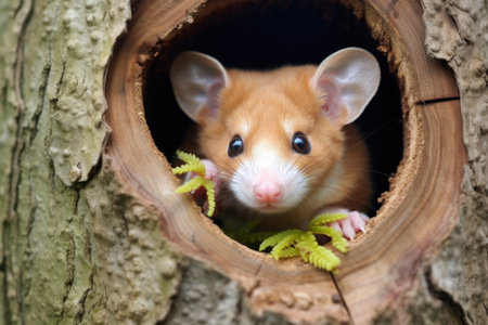 a dormouse nestled in a hollow tree trunk filled with leaves, created with generative aiの素材
