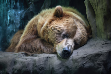 close-up of a brown bear sleeping in a cave, created with generative aiの素材