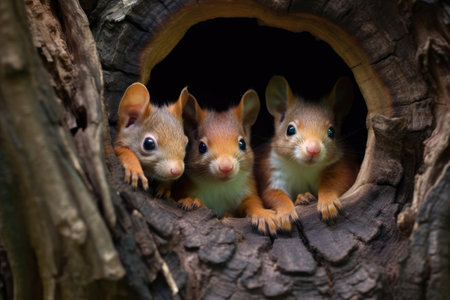 squirrels nestled together in a hollow tree trunk, created with generative aiの素材