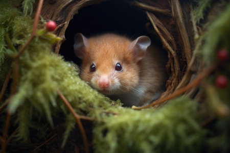 a dormouse nestled in a mossy burrow, created with generative aiの素材