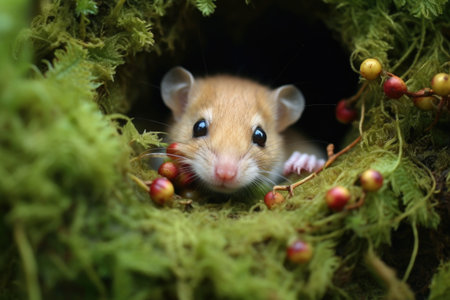 a dormouse nestled in a mossy burrow, created with generative aiの素材