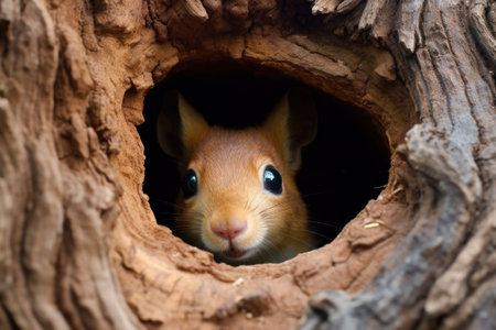 a squirrel tucked away in a tree hole with acorns, created with generative aiの素材