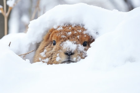 a groundhog fast asleep in its burrow beneath the snow, created with generative aiの素材