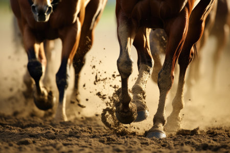 horses hooves kicking up dirt on the racing track, created with generative aiの素材