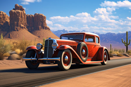 classic hot rod on an empty desert road, with cacti in the background, created with generative aiの素材