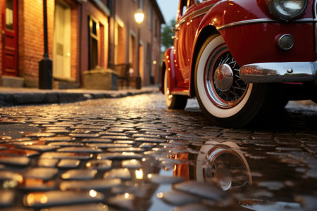 close-up shot of hot rods polished wheel and tire on a cobblestone street, created with generative aiの素材