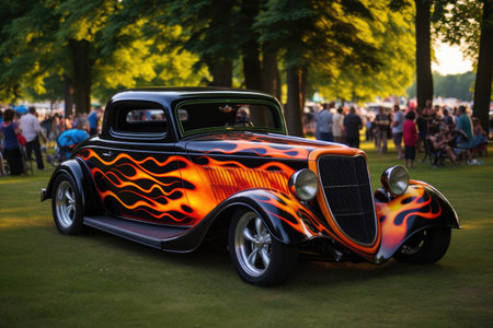 a hot rod with flames painted on it, displayed at a car festival, created with generative aiの素材