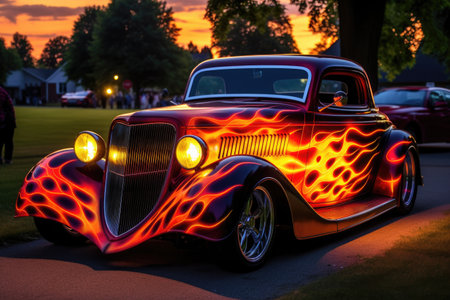 a hot rod with flames painted on it, displayed at a car festival, created with generative aiの素材