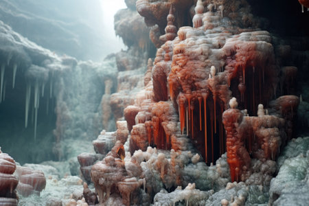 detailed shot of minerals crystallizing around a hydrothermal vent, created with generative aiの素材