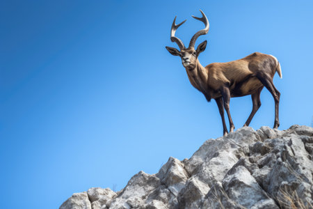 an adult ibex standing on a rocky slope with a clear blue sky, created with generative aiの素材
