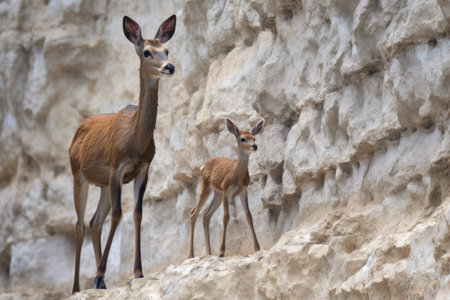 young ibex following its mother up a rocky cliffside, created with generative aiの素材