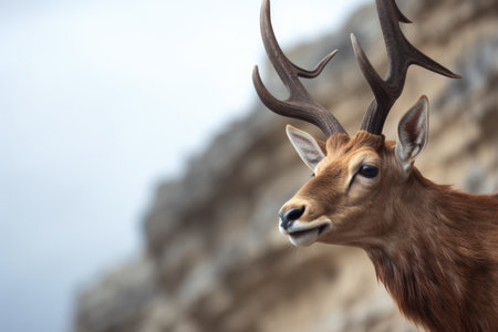a close-up of an ibex with its horns, with a blurred cliffside backdrop, created with generative aiの素材