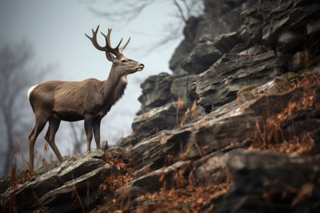 an ibex grazing on sparse vegetation on a rocky cliff, created with generative aiの素材