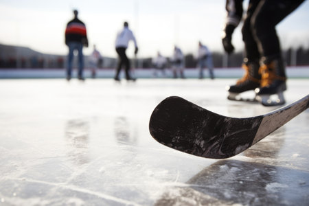 close-up of a hockey puck on the ice, with a players skates in the background, created with generative aiの素材