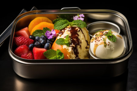 a stainless steel lunchbox with a gourmet ice-cream dessert and salad, created with generative aiの素材