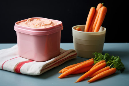 a lunchbox with a frozen yogurt cup next to a bag of carrot sticks, created with generative aiの素材