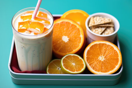 a packed lunchbox with an ice-cream bar, orange slices, and a juice box, created with generative aiの素材