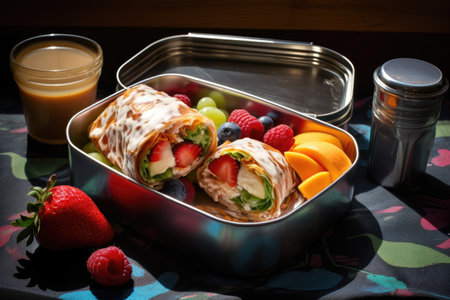 a lunchbox with an ice-cream sundae cup next to a wrap and fruit salad, created with generative aiの素材